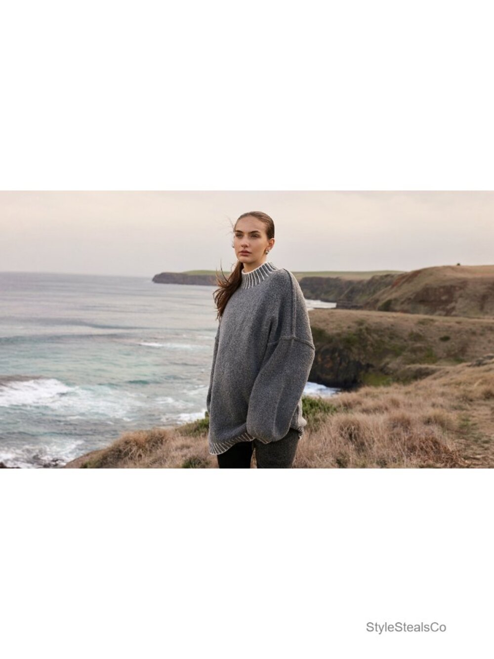 Mock Neck Oversized Pullover Sweater Chunky Knit Tunic Top Long Sleeve Loose Fit - Picture 6 of 6